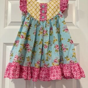 Eleanor Rose Gigi Blue Floral Dress with Pink Ruffle and Yellow Yoke